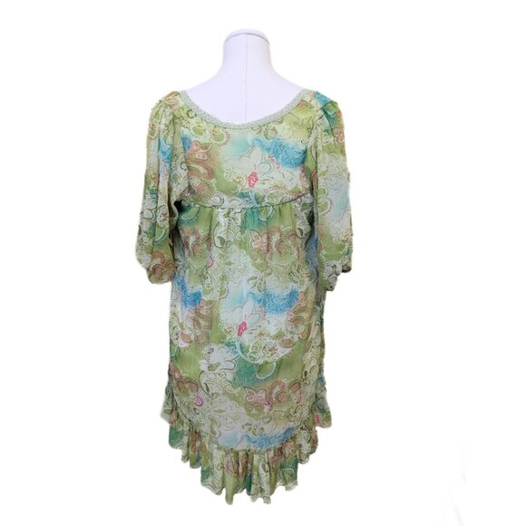 Vintage Y2K Forest Fairy Top Sheer Green Sparkle Paisley Ruffle Mesh Floral XL - Picture 8 of 10